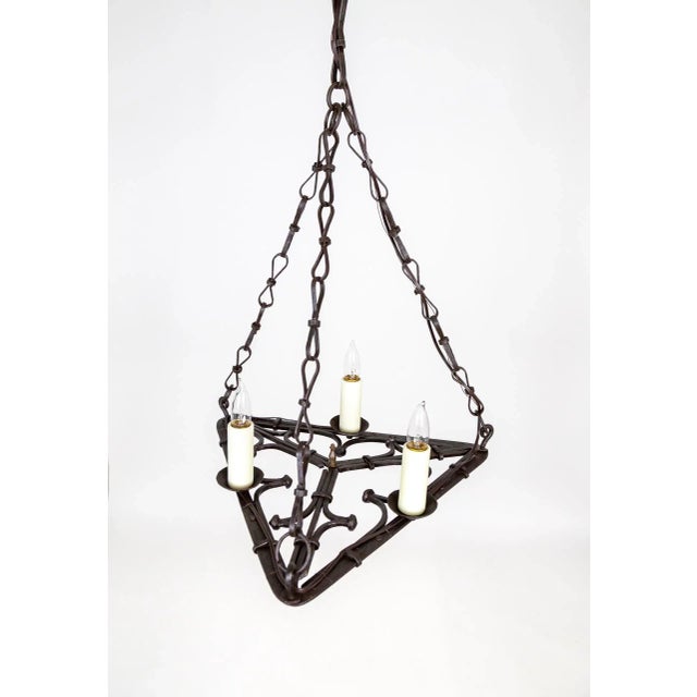 Early 20th Century Flat Triangular Wrought Iron Gothic Revival 3-Light Chandelier For Sale - Image 9 of 11