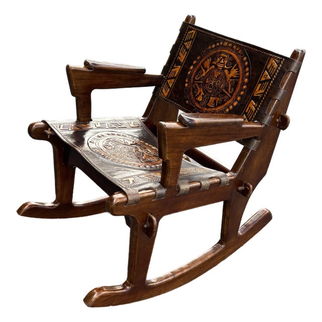 Vintage Angel Pazmino Rocking Chair - Hand Tooled Leather Ecuador For Sale