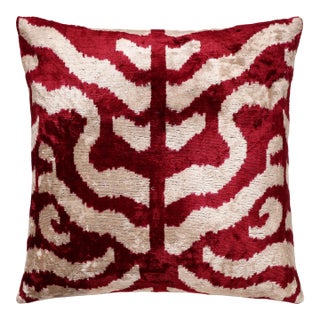 Hand-Knotted Silk Velvet Ikat Pillow - 16x16 Crimson & Champagne Heritage For Sale