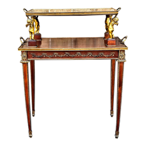 19th C. Louis XVI Style Gilt Bronze Mounted Parquetry Two-Tier Tea Table