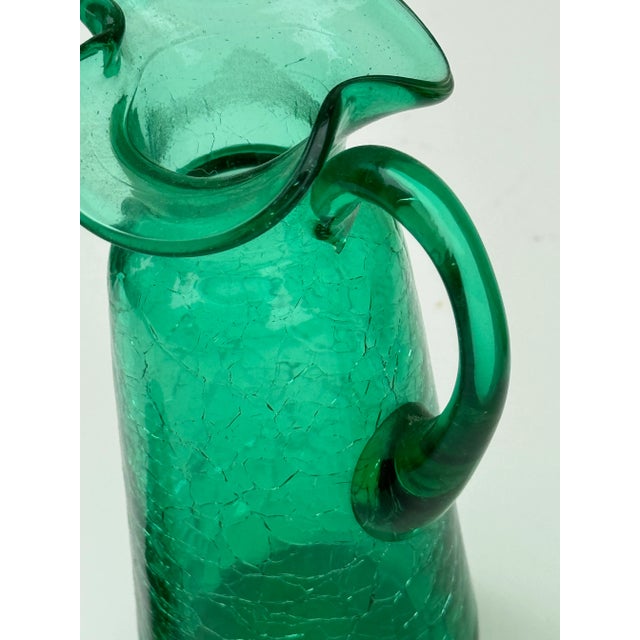 Glass 1950s Vintage Teal/ Emerald Green Crackle Glass Olive Oil or Vinegar Cruet, Vintage Mid Century For Sale - Image 7 of 9
