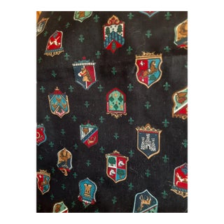 Last Call. 1980s Royal Crests Screen Print on Black Cotton Fabric-4yards For Sale