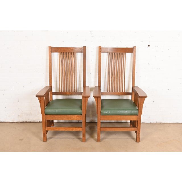 Mission Stickley Mission Oak Arts & Crafts Spindle High Back Arm Chairs, Pair For Sale - Image 3 of 12