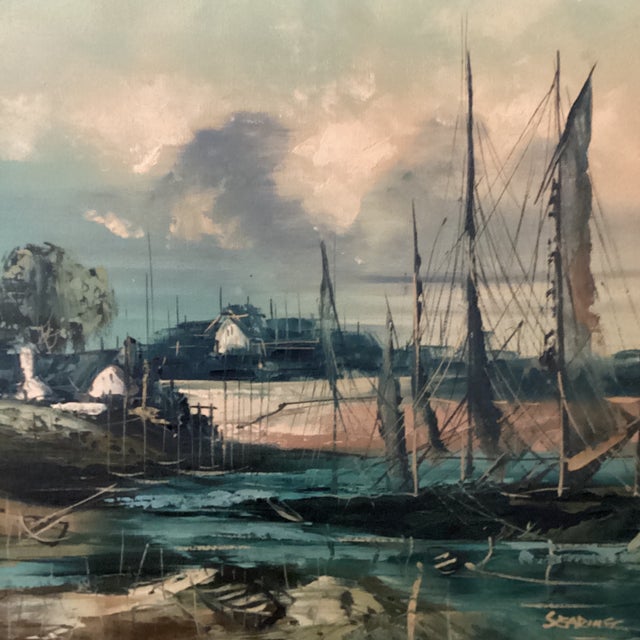 Mid 20th Century Painting on Canvas Nautical Ship Harbor Scene Signed Framed For Sale - Image 12 of 12