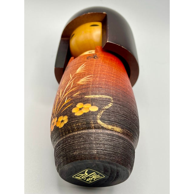 Wood Vintage Sosaku Kokeshi Doll in Red Kimono With Floral Kimono For Sale - Image 7 of 12