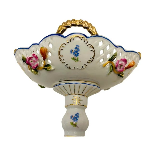 Ceramic Vintage Reticulated Footed Compote Hand Painted With Applied Flowers For Sale - Image 7 of 9