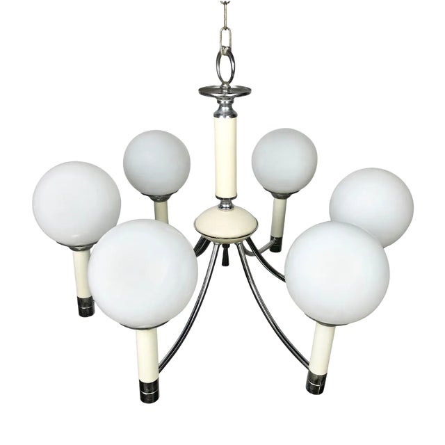 Cream Enamel & Chrome Six-Light Chandelier Pendant from Targetti Sankey, 1970s For Sale