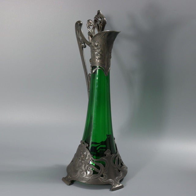 1910s Art Nouveau WMF Claret Jug With Green Glass Liner For Sale - Image 6 of 14