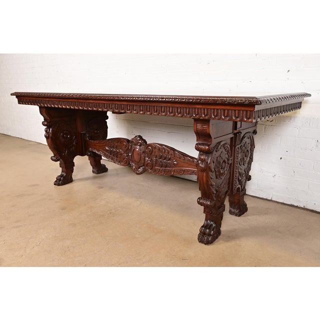 R. J. Horner Style Antique Italian Renaissance Carved Walnut Desk or Library Table With Lion Paw Feet, Circa 1890s For Sale - Image 11 of 11