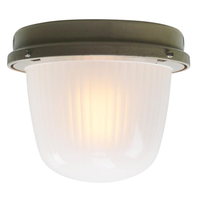 French industrial wall / ceiling lamp by holophane, france, model ce200 beige cast iron with frosted cut glass. e27 / e26...