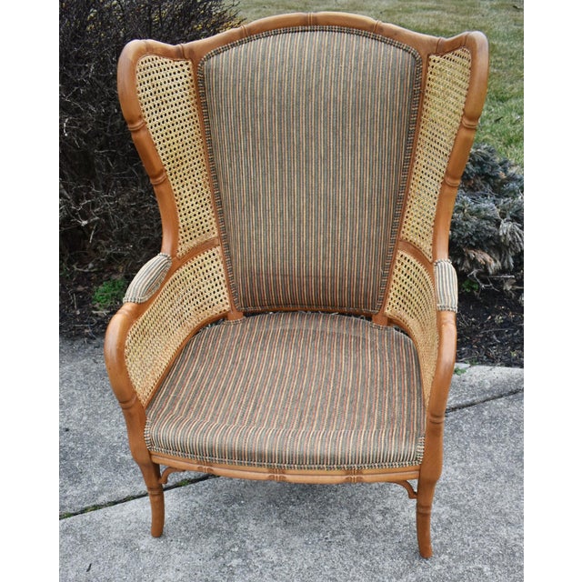 Vtg. Ethan Allen Tommy Bahama Style Cane Wingback Chair W/Herringbone Fabric For Sale - Image 9 of 13