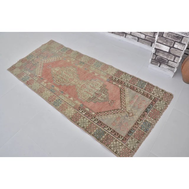 Turkish Geometric Medallion Turkish Rug, Low Pile Distressed Antique Rug For Sale - Image 3 of 10