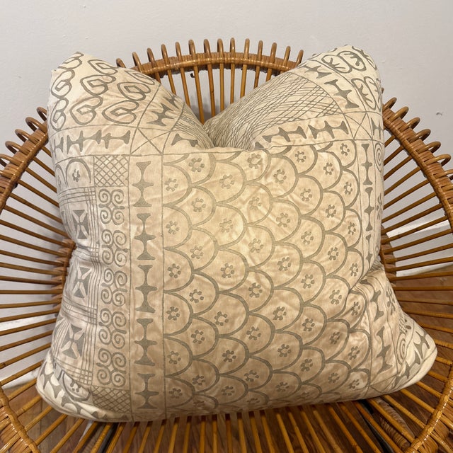 Fortuny Ashanti tribal pattern double sided down cushions. This stunning cream and silvery gold Fortuny pattern is 1980’s...