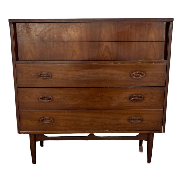 Vintage Dresser by Dixie, Walnut Highboy Chest, Tallboy, Furniture With Tapered Legs For Sale