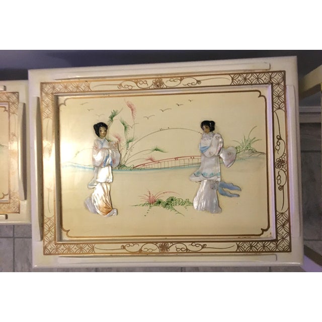 1980s 1980s Chinese Nesting Table With Mother of Pearl and Hand Painted Tops - Set of 4 For Sale - Image 5 of 12