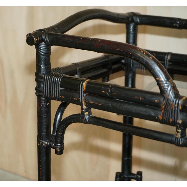 Wood Mid-Century Chinese Modern Ebonised Serving Trolley with Bamboo Frame For Sale - Image 7 of 18