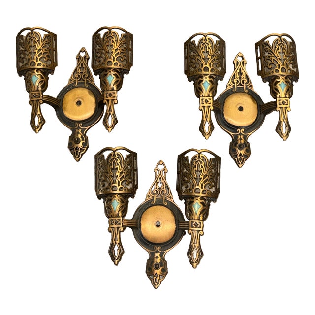 1920s Art Deco Polychrome Sconces With Robin’s Egg Blue Accents and Slip Shades - Set of 3 For Sale
