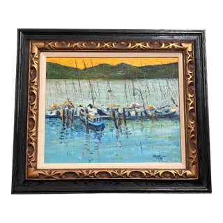 1980’s Original Impressionist/Abstract Sailboat Mooring Sausalito California Painting Vintage Carved Wood Frame Signed For Sale