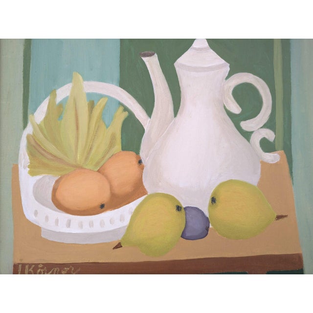 Green Mid-Century Modern 'Teapot and Fruits' Vintage Original Still Life Oil Painting, Framed For Sale - Image 8 of 11