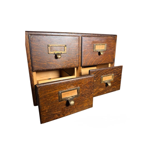 Mid-Century Modern Vintage Macey 4-Drawer Library Card Catalog Cabinet – Solid Wood Brass Hardware For Sale - Image 3 of 11