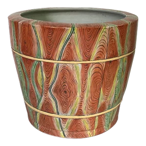 Large Chinese Porcelain Fish Bowl Jardiniere Planter in Faux Bois Wood Grain Glaze