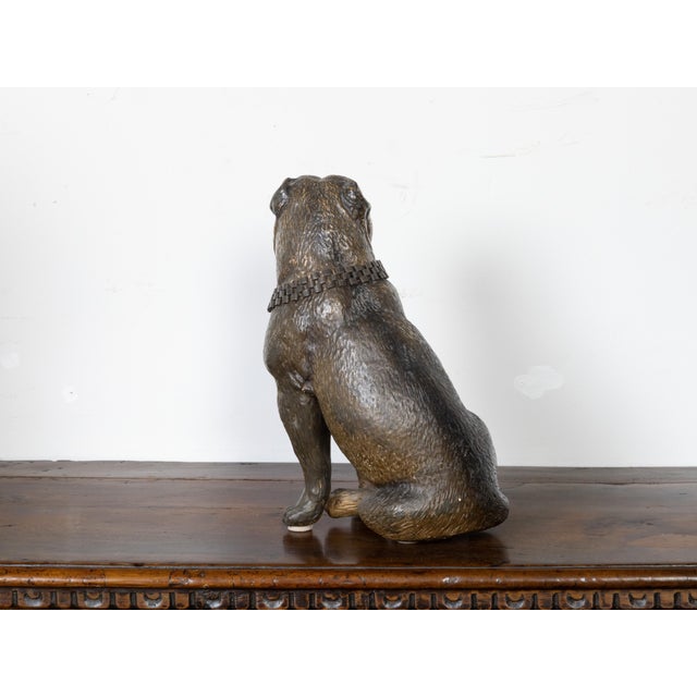 Brown English 19th Century Terracotta Bulldog Statue with Silver Collar and Glass Eyes For Sale - Image 8 of 11
