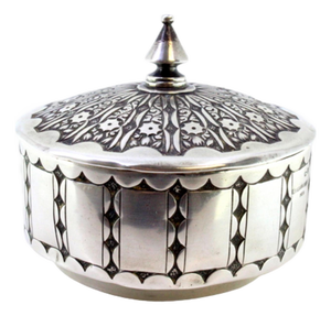 Circular Embossed Silver Box with Knob Lid
