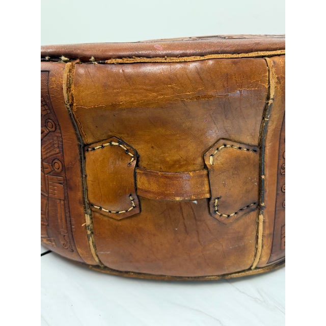 Vintage Peruvian Hand-Tooled Leather Ottoman For Sale - Image 10 of 17