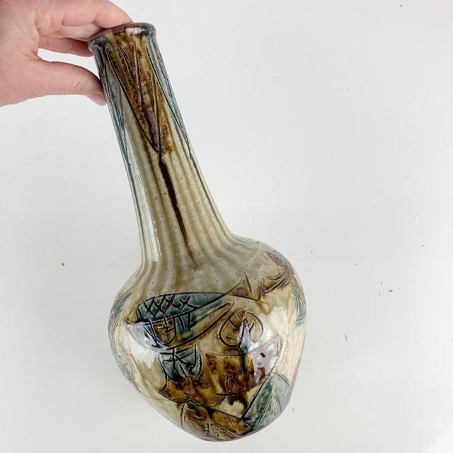Vintage Mid Century Modern Japan Otagiri Vase Tall Carved Stoneware Fluted Neck For Sale - Image 11 of 11