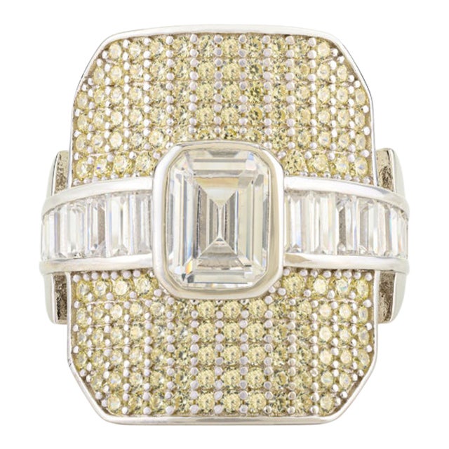 Art Deco Emerald Cut Cubic Zirconia Statement Ring in Sterling Silver - Size 8 For Sale