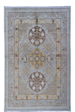 Khotan Rug With Central Medallion in Soft Blue, Golden Beige, and Warm Taupe