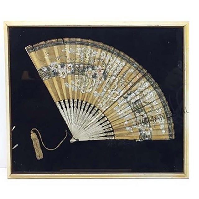 Pair Vintage Japanese Framed Hand Painted Paper Fans on Bamboo For Sale - Image 4 of 5
