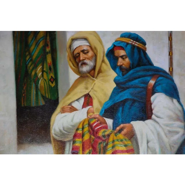 Brown Moroccan Orientalist Oil Painting of a Rug Market For Sale - Image 8 of 11