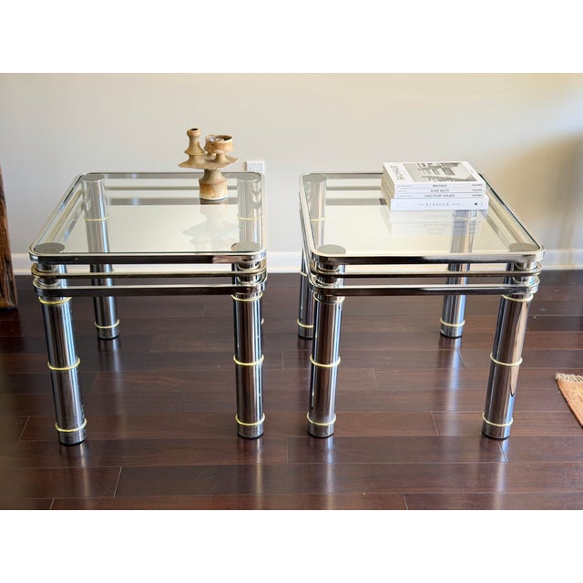 Metal 1960s-1970s Romeo Rega Pair of Vintage MCM Chrome & Brass Glass Side Tables For Sale - Image 7 of 12