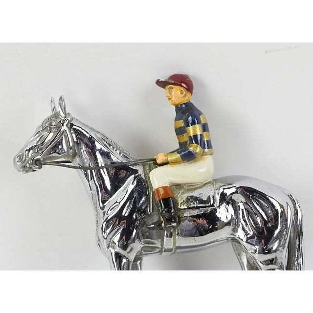 Late 20th Century Louis Lejeune Ltd. Windsor, Standing Thoroughbred With Jockey Large Chrome Car Mascot With Hand-Enamel Painted Jockey Silk Colours For Sale In New York - Image 6 of 7