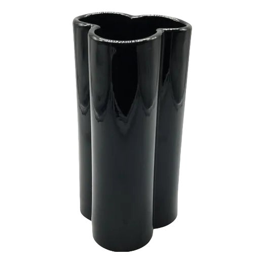 Vintage Three Leaf Vase in Black Ceramic, 1970s For Sale