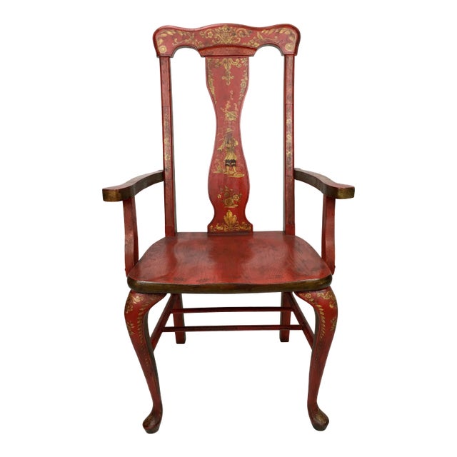 Early 20th Century Vintage Red Lacquer Chinoiserie Style Wooden Arm Chair For Sale