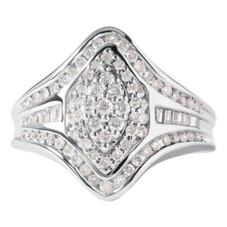 14K White Gold 3/4 Cttw Round and Baguette cut Diamond Cluster Ring (H-I Color, I1-I2 Clarity) For Sale