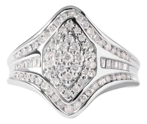 14K White Gold 3/4 Cttw Round and Baguette cut Diamond Cluster Ring (H-I Color, I1-I2 Clarity)