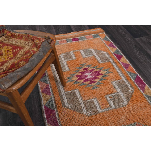 1970s Vintage Turkish Hand-Knotted Wool Cotton Orange Runner Rug For Sale - Image 4 of 11