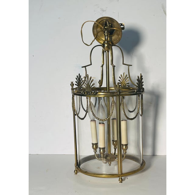 Elegant Vintage American Neoclassical Brass Glass Chandelier.
