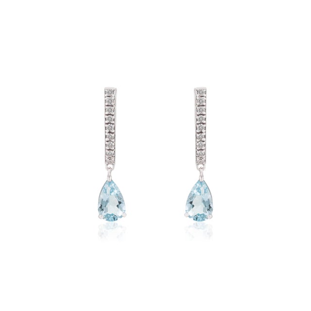1.19Ct Natural Aquamarine & Diamond Huggie Drop Earrings in 14k White Gold- 2 Pieces For Sale - Image 4 of 13