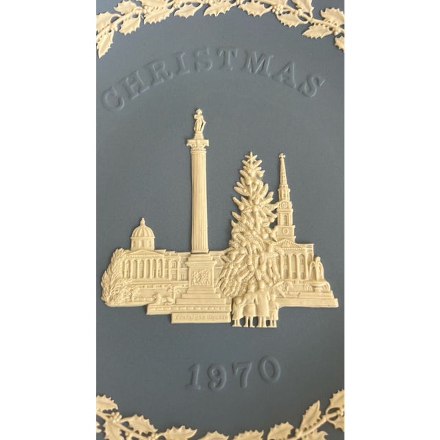 Pale blue Jasperware with white “bas-relief” that is part of a Christmas Landmarks annual plates series.