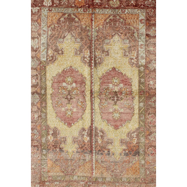 Shabby Chic Vintage Oushak Rug With Two Medallion Panels in Yellow, Brown, Orange and Soft Red For Sale - Image 3 of 6