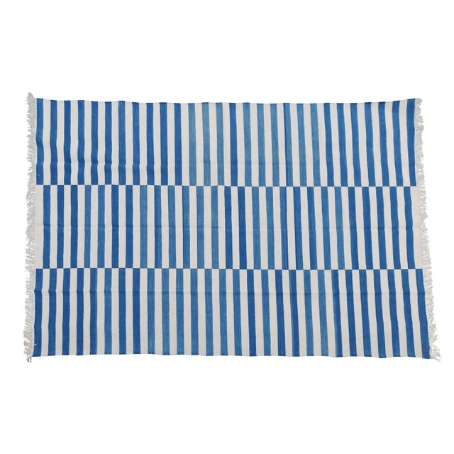 Sky Blue Handmade Sky Blue and White Cotton Vegetable Dyed Striped Rug - 14'x16' For Sale - Image 8 of 9