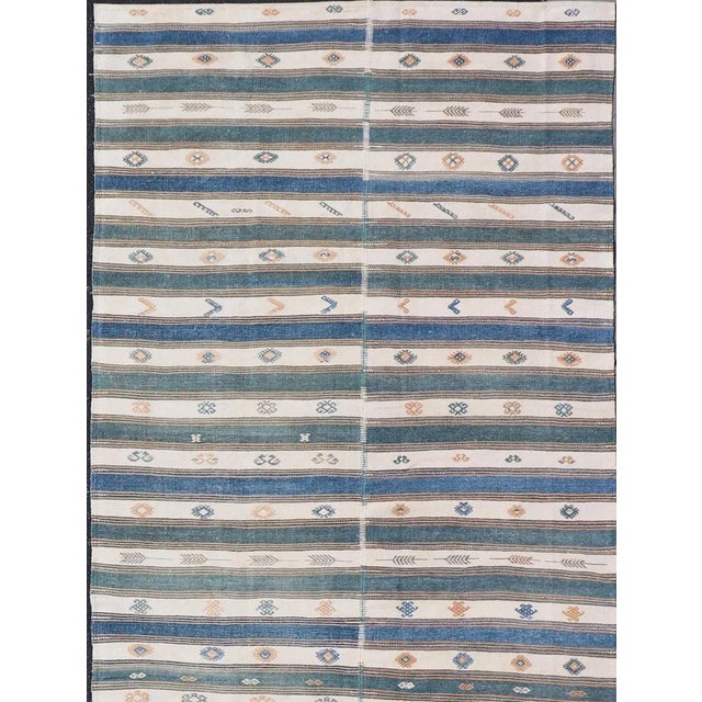 Mid 20th Century Vintage Turkish Cotton Kilim Rug With Teal, Blue, Cream, and Beige Stripes 4'6"x16'4" For Sale - Image 5 of 10