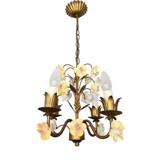 Vintage Shabby Chic Florentine Pendant Lamp Four-Armed with Gold-Tone Porcelain Roses, 1960s For Sale