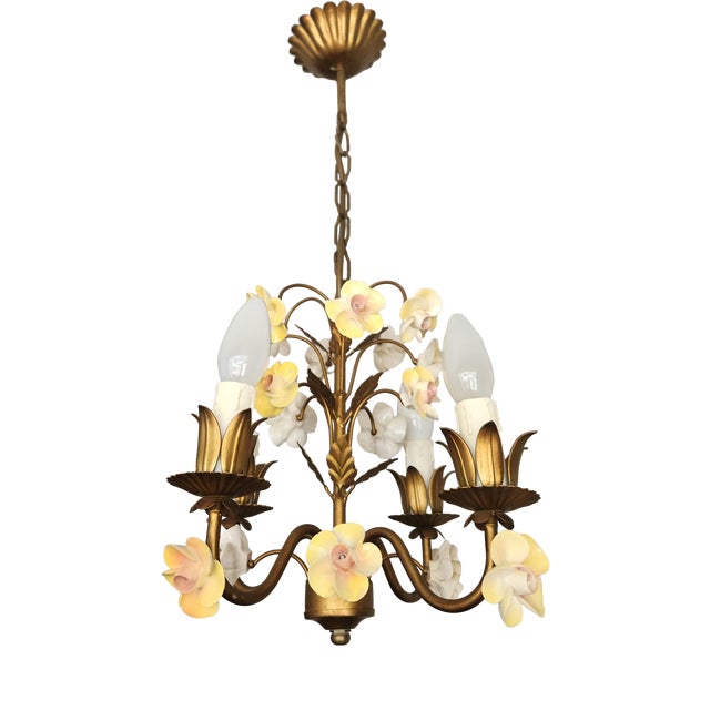 Vintage Shabby Chic Florentine Pendant Lamp Four-Armed with Gold-Tone Porcelain Roses, 1960s For Sale