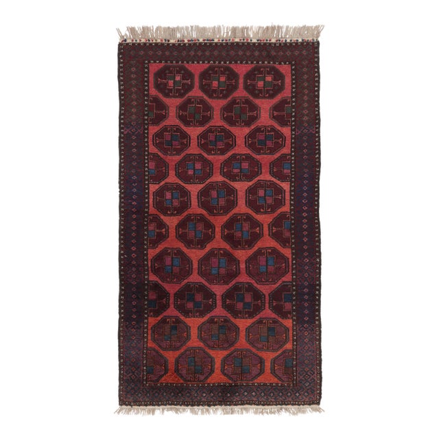 Hand-Knotted Antique Baluch Rug in Red Blue Tribal Geometric Pattern For Sale