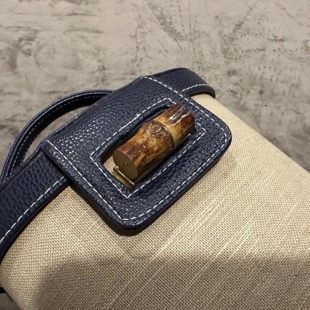 Blue 1960s Vintage Blue Leather Bamboo and Brass Italian Top Handle Bag For Sale - Image 8 of 14